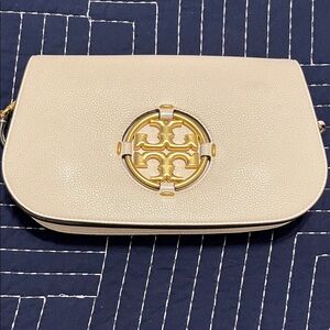 Tory Burch Cream Pebbled Leather Crossbody with Gold Logo